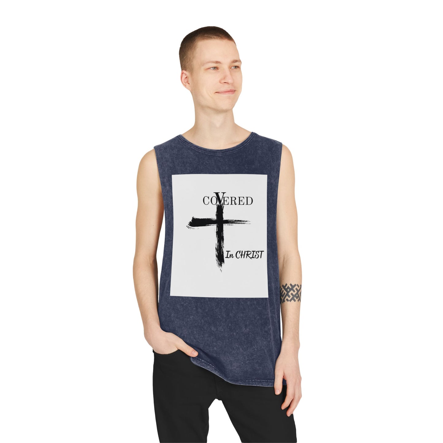 Unisex Stonewash Tank Top - Covered in Christ Design, Inspirational Christian Tank, Casual Summer Wear, Faith-Based Apparel, Perfect Gift
