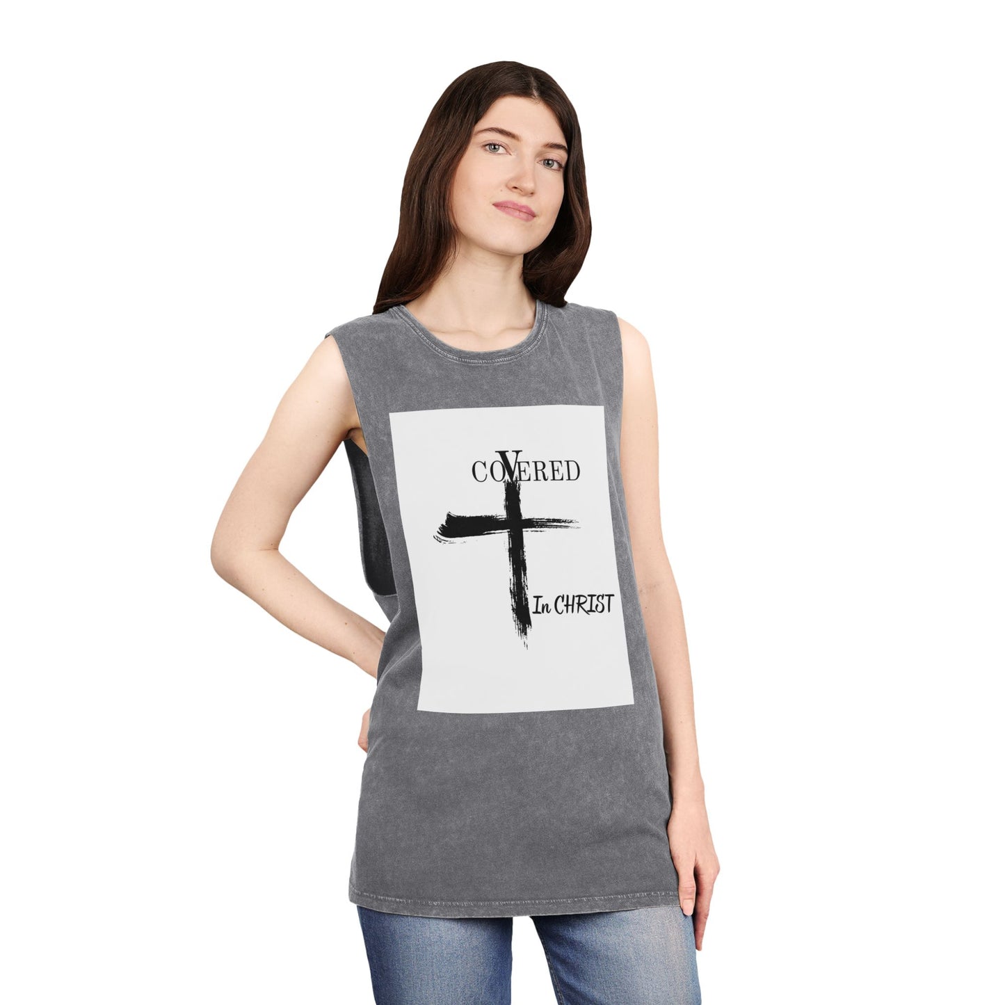 Unisex Stonewash Tank Top - Covered in Christ Design, Inspirational Christian Tank, Casual Summer Wear, Faith-Based Apparel, Perfect Gift