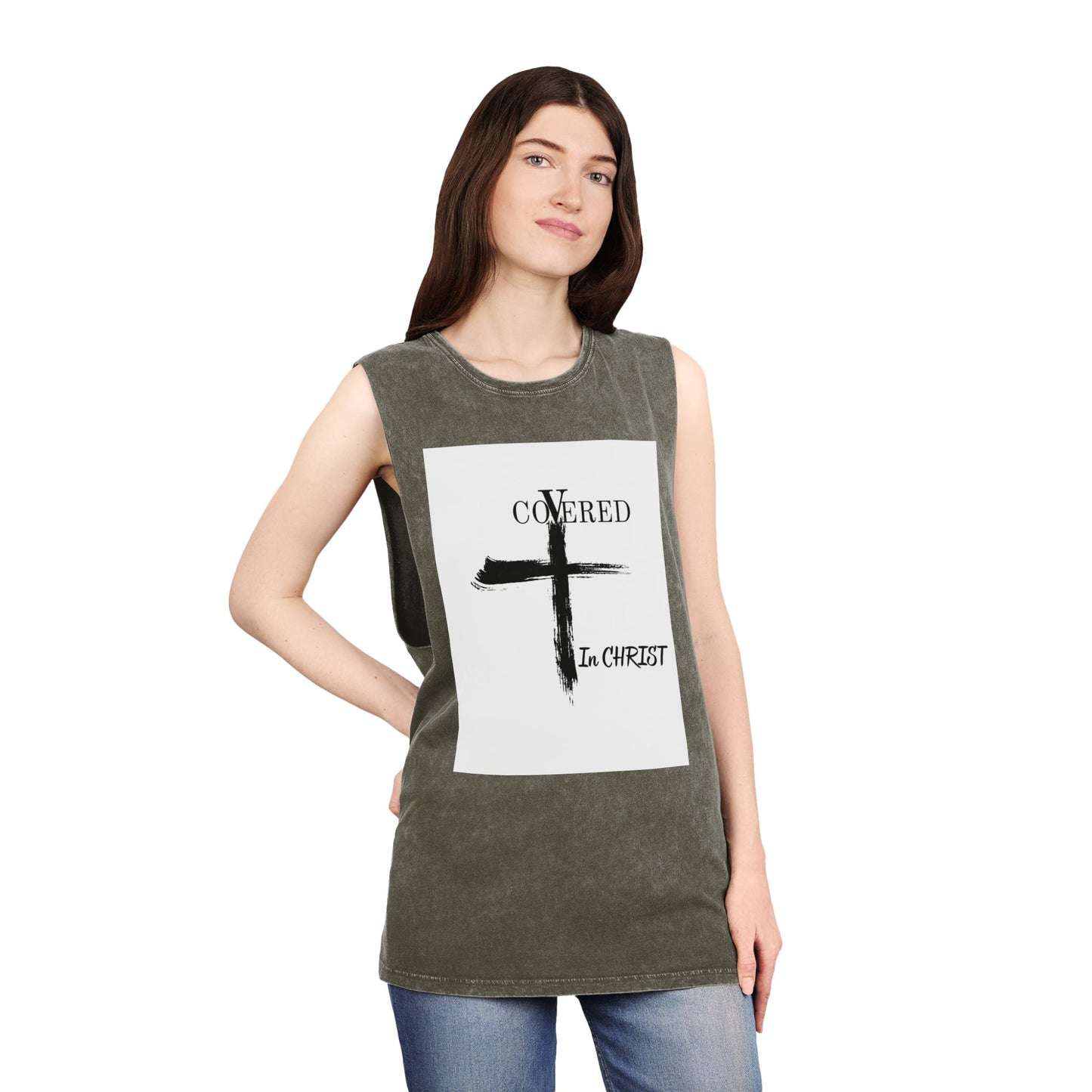 Unisex Stonewash Tank Top - Covered in Christ Design, Inspirational Christian Tank, Casual Summer Wear, Faith-Based Apparel, Perfect Gift