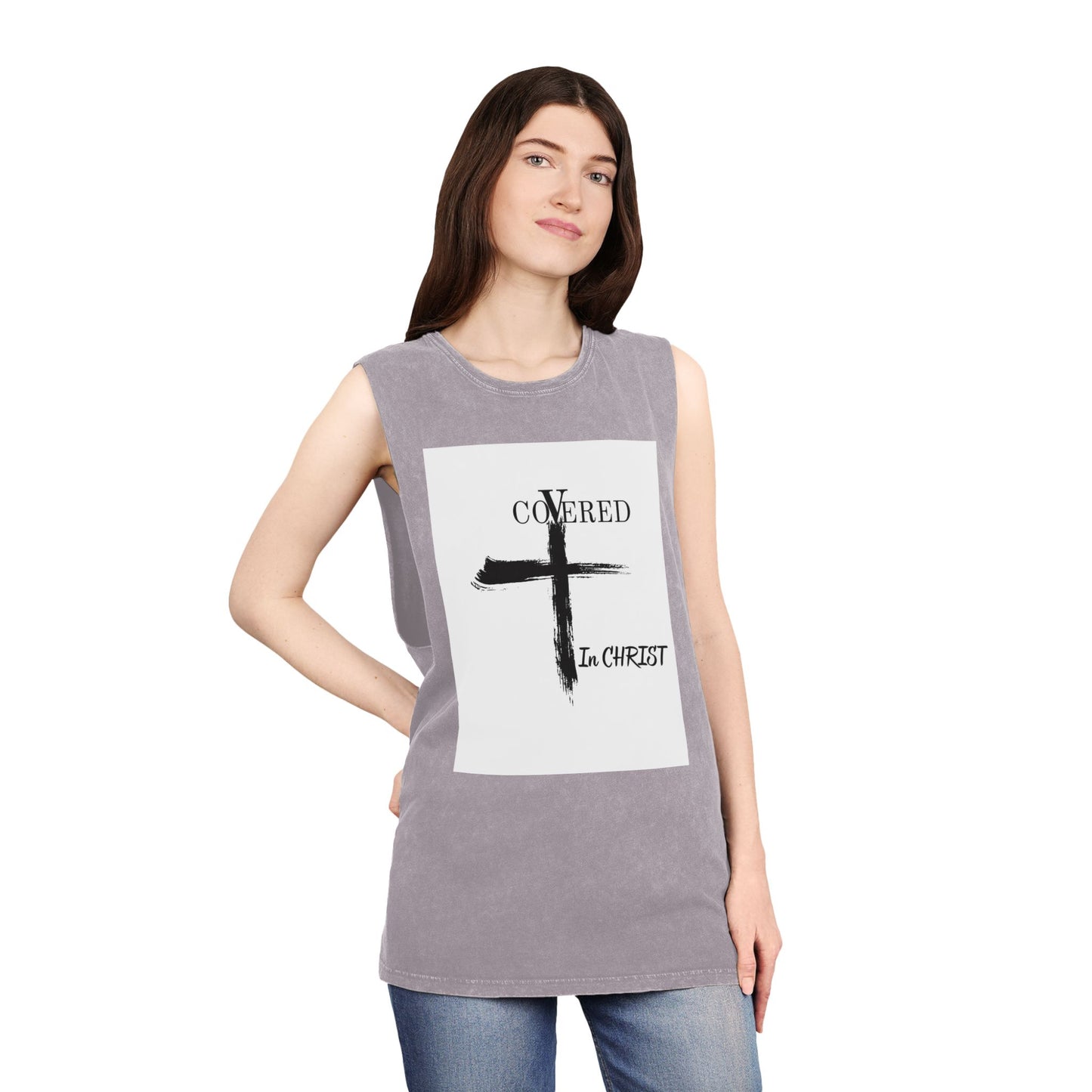 Unisex Stonewash Tank Top - Covered in Christ Design, Inspirational Christian Tank, Casual Summer Wear, Faith-Based Apparel, Perfect Gift