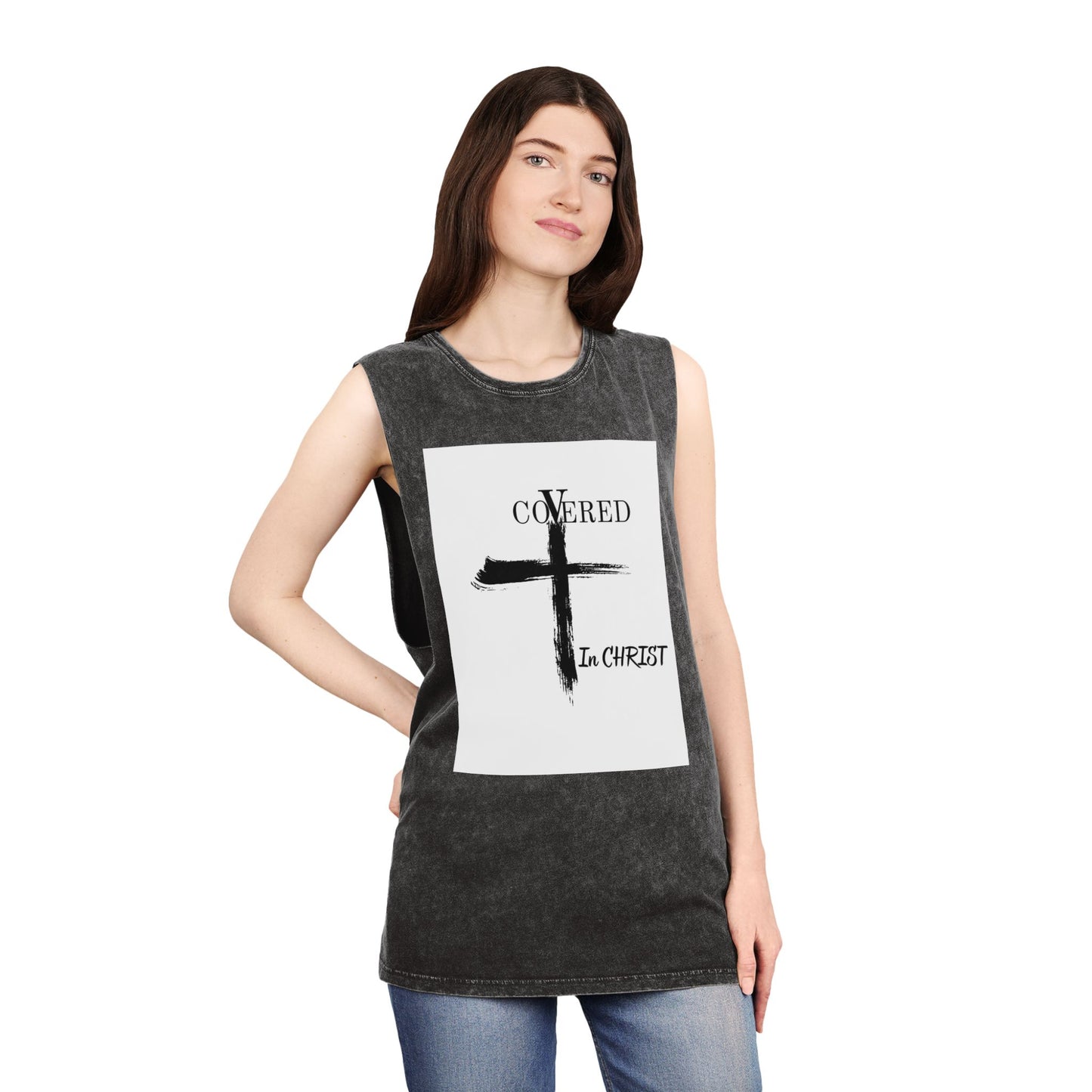 Unisex Stonewash Tank Top - Covered in Christ Design, Inspirational Christian Tank, Casual Summer Wear, Faith-Based Apparel, Perfect Gift