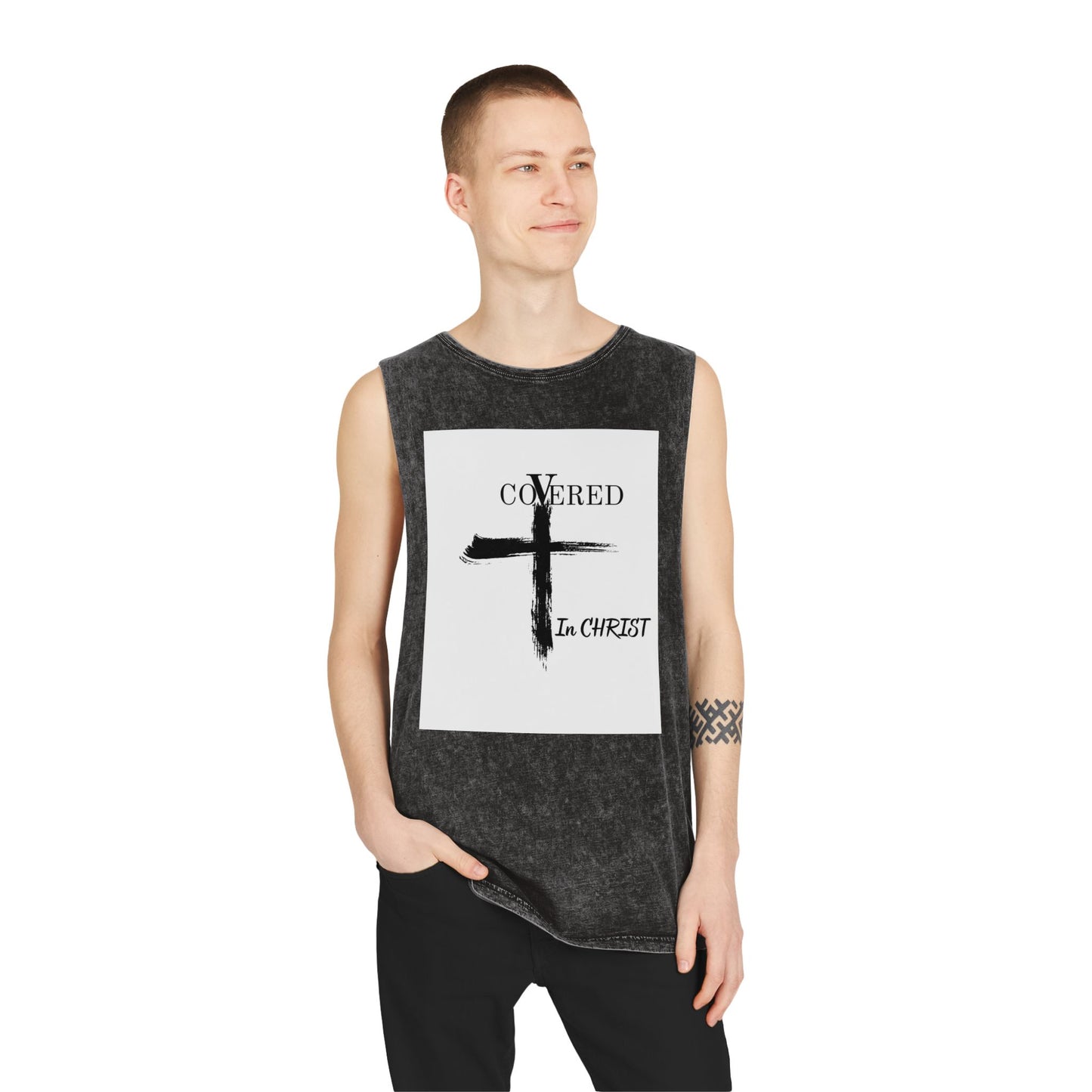 Unisex Stonewash Tank Top - Covered in Christ Design, Inspirational Christian Tank, Casual Summer Wear, Faith-Based Apparel, Perfect Gift