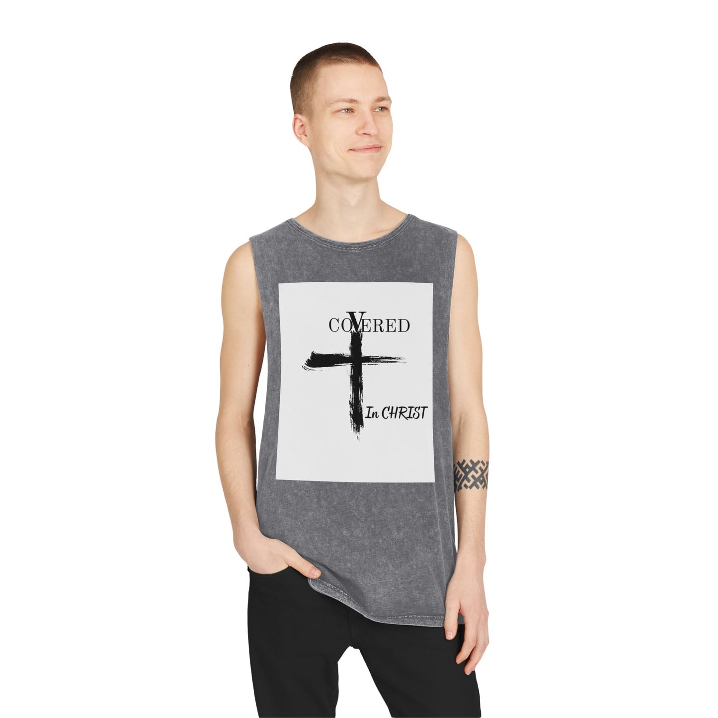 Unisex Stonewash Tank Top - Covered in Christ Design, Inspirational Christian Tank, Casual Summer Wear, Faith-Based Apparel, Perfect Gift