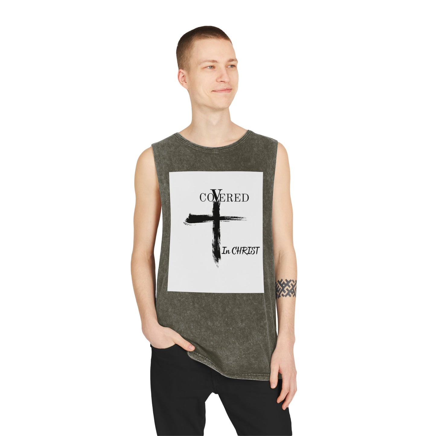 Unisex Stonewash Tank Top - Covered in Christ Design, Inspirational Christian Tank, Casual Summer Wear, Faith-Based Apparel, Perfect Gift