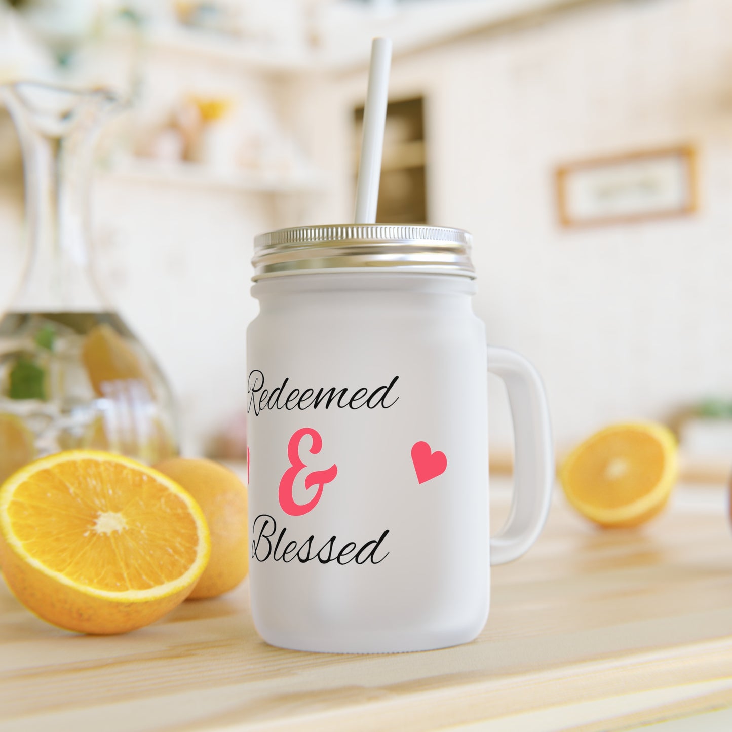 Redeemed & Blessed Mason Jar - Inspirational Glass Cup, Faith-Based Drinkware, Perfect Gift for Christians, Home Decor, Summer Celebrations