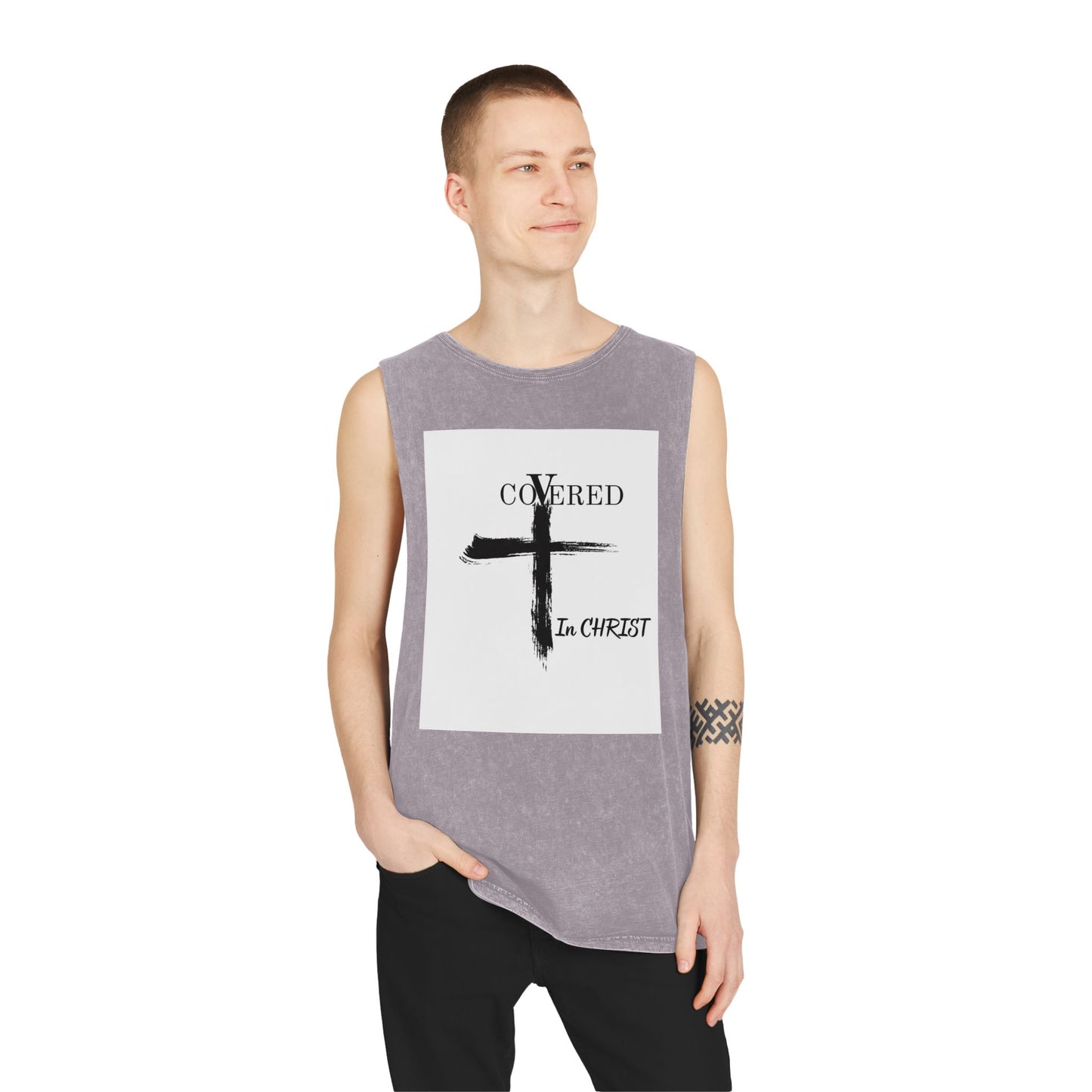 Unisex Stonewash Tank Top - Covered in Christ Design, Inspirational Christian Tank, Casual Summer Wear, Faith-Based Apparel, Perfect Gift