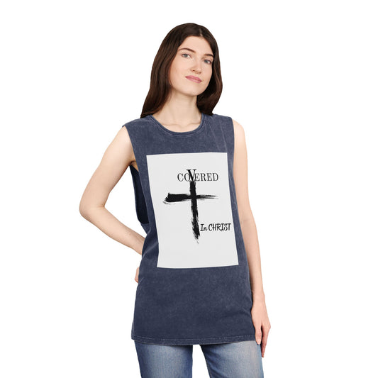 Unisex Stonewash Tank Top - Covered in Christ Design, Inspirational Christian Tank, Casual Summer Wear, Faith-Based Apparel, Perfect Gift
